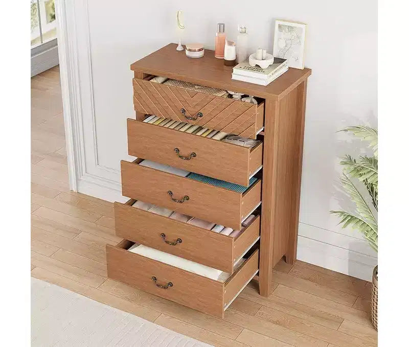 Cassettiera a 5 cassetti per camera da letto, comodino a 5 cassetti marrone con elegante design a V, organizer in legno per soggiorno, cameretta dei bambini