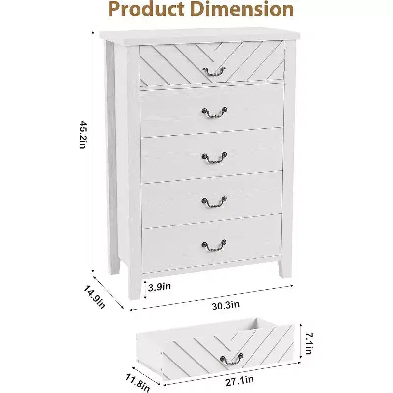Cassettiera a 5 cassetti per camera da letto, comodino a 5 cassetti marrone con elegante design a V, organizer in legno per soggiorno, cameretta dei bambini