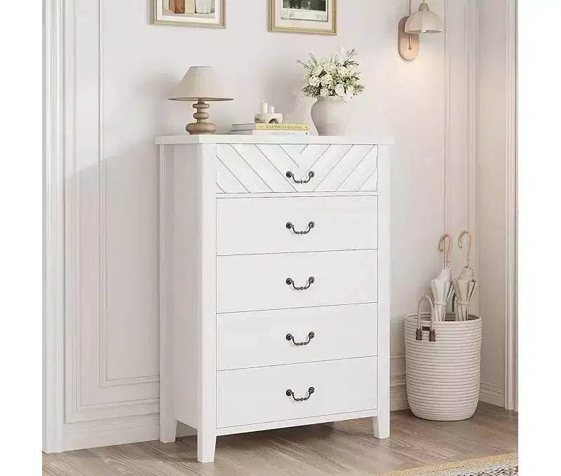 Cassettiera a 5 cassetti per camera da letto, comodino a 5 cassetti marrone con elegante design a V, organizer in legno per soggiorno, cameretta dei bambini