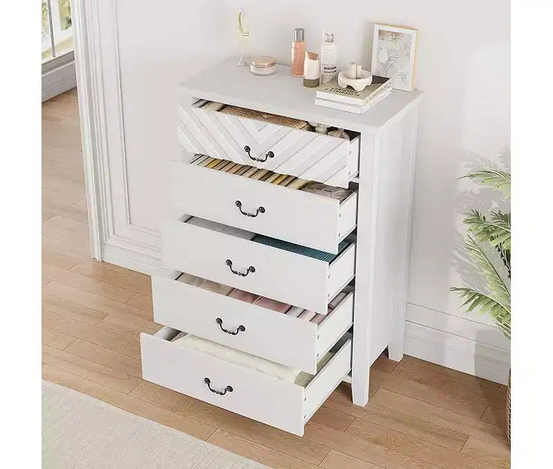 Cassettiera a 5 cassetti per camera da letto, comodino a 5 cassetti marrone con elegante design a V, organizer in legno per soggiorno, cameretta dei bambini