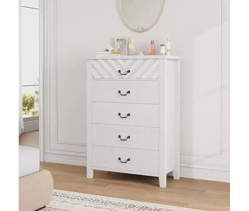 Cassettiera a 5 cassetti per camera da letto, comodino a 5 cassetti marrone con elegante design a V, organizer in legno per soggiorno, cameretta dei bambini