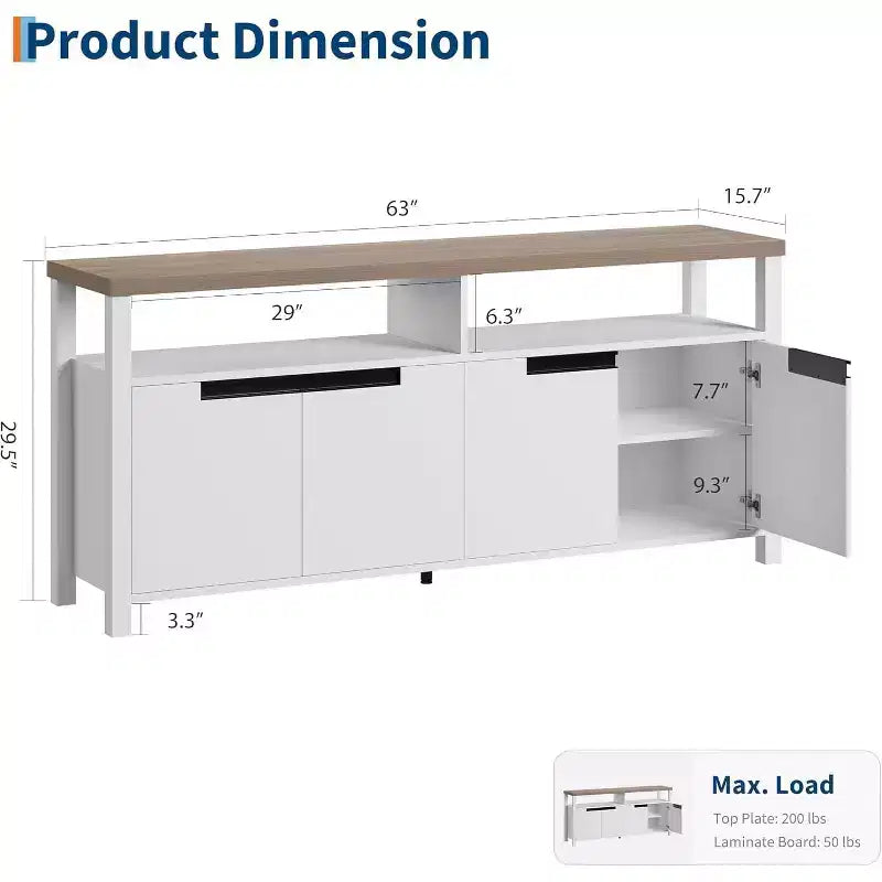 Mobile TV rustico per TV da 70 pollici, mobile da intrattenimento lungo 160 cm con contenitore e ripiano aperto, porta TV grande, moderno tavolo console multimediale alto