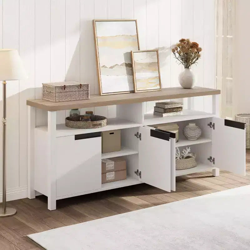 Mobile TV rustico per TV da 70 pollici, mobile da intrattenimento lungo 160 cm con contenitore e ripiano aperto, porta TV grande, moderno tavolo console multimediale alto