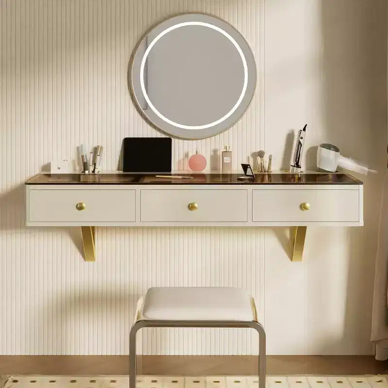 Okak Toeletta Multifunzionale a Parete con Cassetto, Vanity Trucco con Piano in Vetro, Toeletta Compatta per Camera da Letto, Parrucchieri
