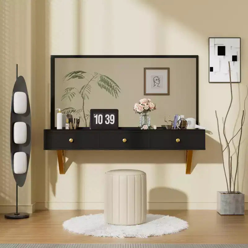 Okak Toeletta Multifunzionale a Parete con Cassetto, Vanity Trucco con Piano in Vetro, Toeletta Compatta per Camera da Letto, Parrucchieri