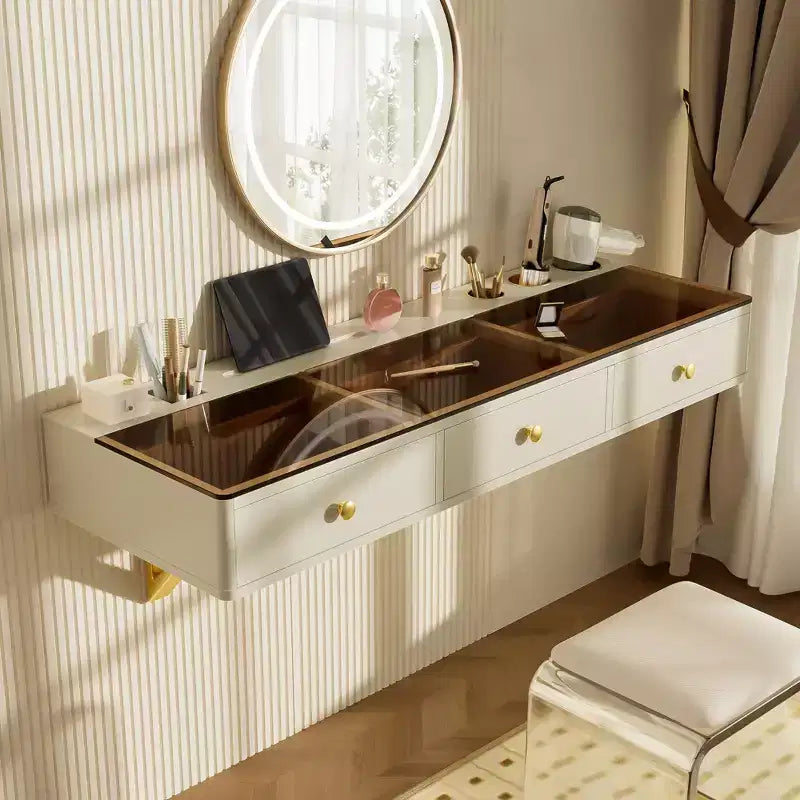 Okak Toeletta Multifunzionale a Parete con Cassetto, Vanity Trucco con Piano in Vetro, Toeletta Compatta per Camera da Letto, Parrucchieri