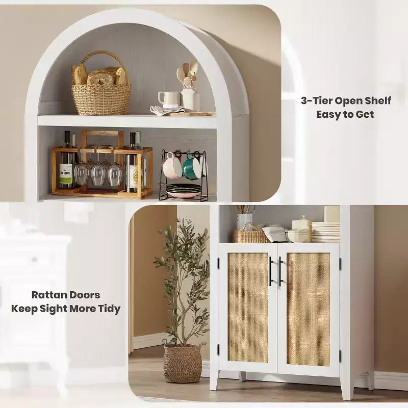 Libreria ad arco con ante - Scaffale a 5 ripiani a giorno con decorazioni in rattan, mobile contenitore moderno per libri per ufficio, soggiorno, biblioteca