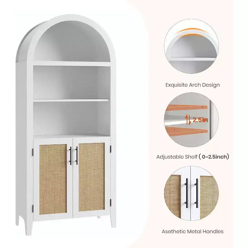 Libreria ad arco con ante - Scaffale a 5 ripiani a giorno con decorazioni in rattan, mobile contenitore moderno per libri per ufficio, soggiorno, biblioteca