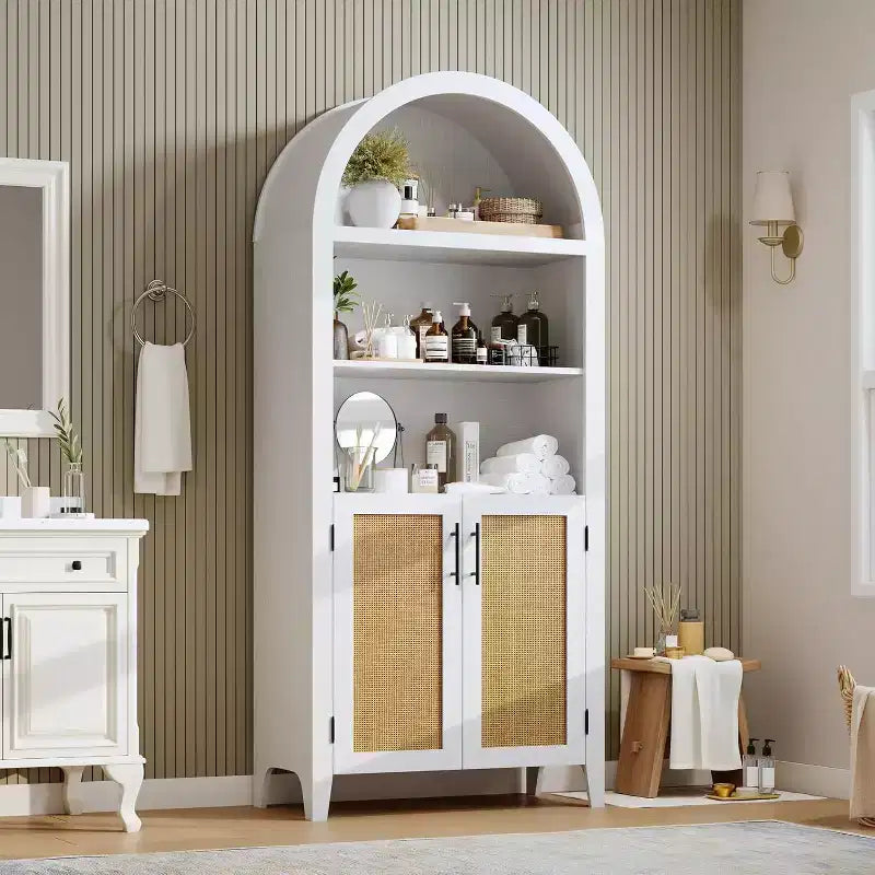 Libreria ad arco con ante - Scaffale a 5 ripiani a giorno con decorazioni in rattan, mobile contenitore moderno per libri per ufficio, soggiorno, biblioteca