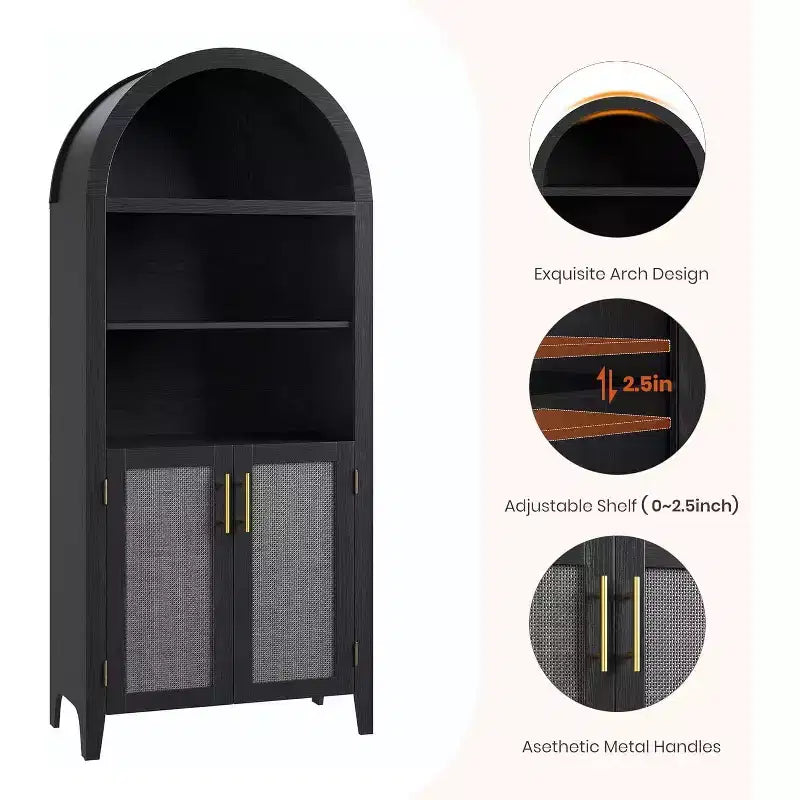 Libreria ad arco con ante - Scaffale a 5 ripiani a giorno con decorazioni in rattan, mobile contenitore moderno per libri per ufficio, soggiorno, biblioteca