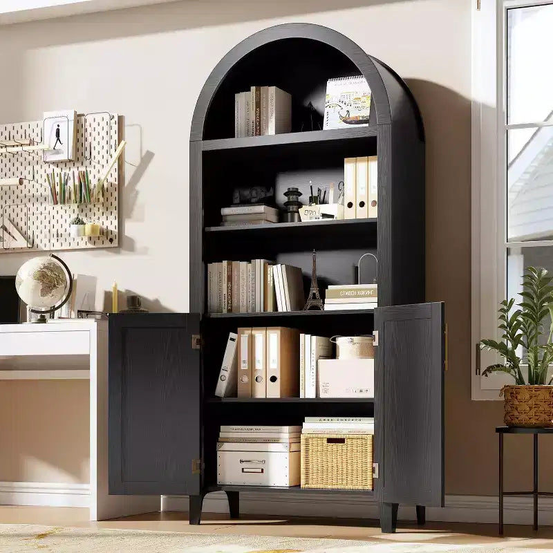 Libreria ad arco con ante - Scaffale a 5 ripiani a giorno con decorazioni in rattan, mobile contenitore moderno per libri per ufficio, soggiorno, biblioteca
