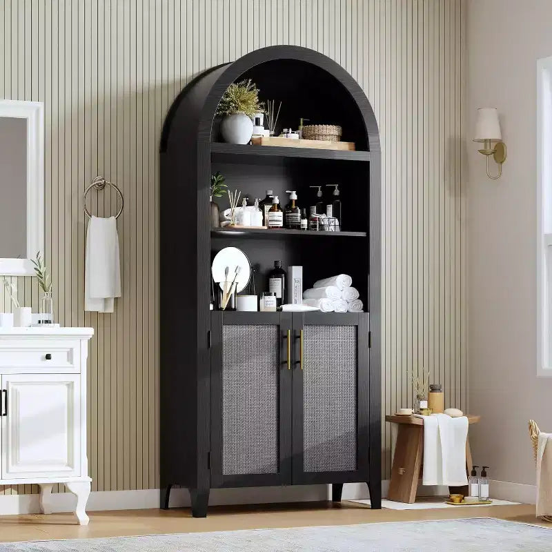 Libreria ad arco con ante - Scaffale a 5 ripiani a giorno con decorazioni in rattan, mobile contenitore moderno per libri per ufficio, soggiorno, biblioteca