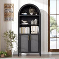 Arched Bookcase with Doors - 5 Tier Open Display Shelf with Rattan Decor, Modern Bookshelf Storage Cabinet for Home Office Living Room Library