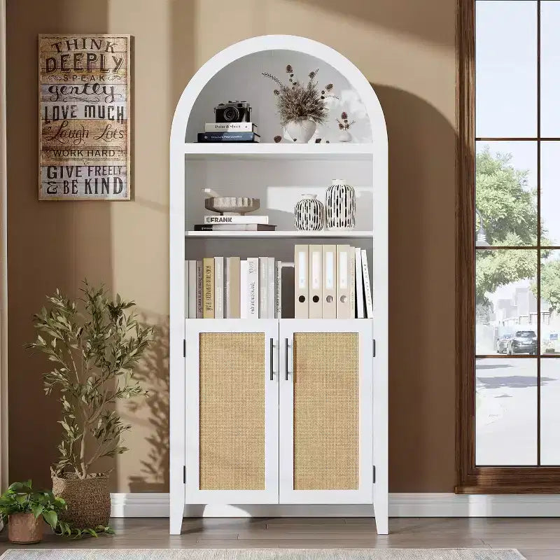 Libreria ad arco con ante - Scaffale a 5 ripiani a giorno con decorazioni in rattan, mobile contenitore moderno per libri per ufficio, soggiorno, biblioteca