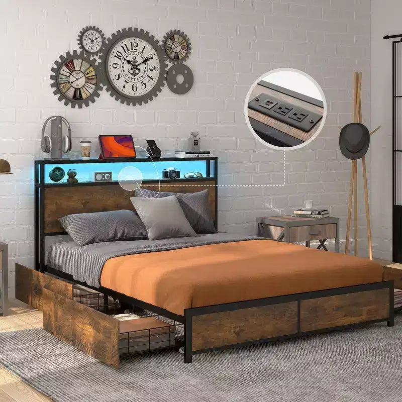 Costway Letto a Piattaforma Industriale Matrimoniale/Queen con Cassetti Contenitore e Testiera con Luci LED