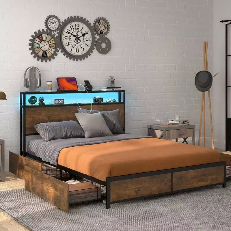 Costway Letto a Piattaforma Industriale Matrimoniale/Queen con Cassetti Contenitore e Testiera con Luci LED