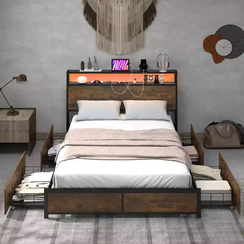 Costway Letto a Piattaforma Industriale Matrimoniale/Queen con Cassetti Contenitore e Testiera con Luci LED