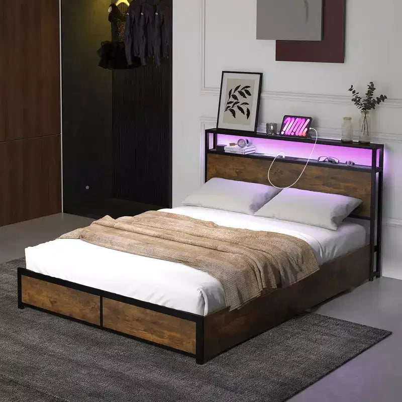 Costway Letto a Piattaforma Industriale Matrimoniale/Queen con Cassetti Contenitore e Testiera con Luci LED