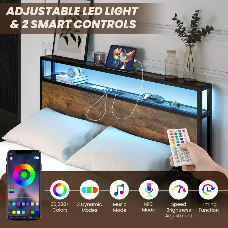 Costway Letto a Piattaforma Industriale Matrimoniale/Queen con Cassetti Contenitore e Testiera con Luci LED