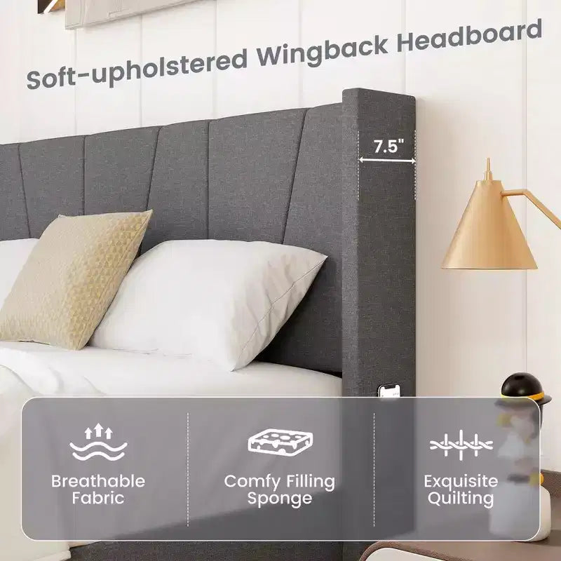 Costway Struttura Letto Imbottita Matrimoniale con Tasche Elastiche Base Materasso Grigia
