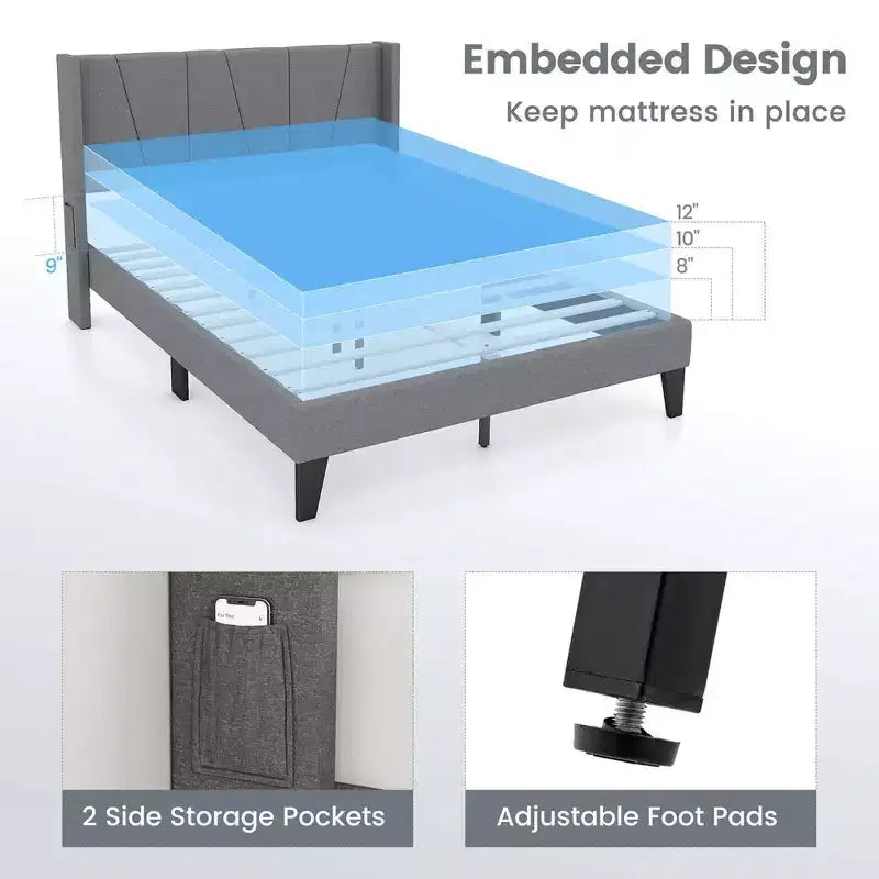 Costway Struttura Letto Imbottita Matrimoniale con Tasche Elastiche Base Materasso Grigia