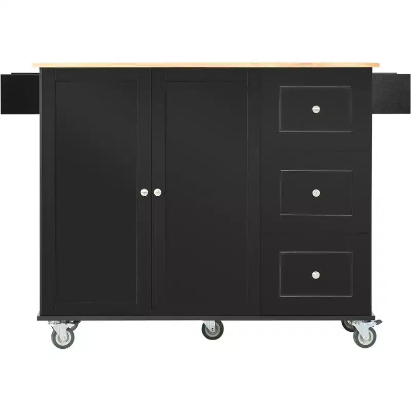 Carrello da Cucina con Piano in Legno e Banco Colazione a Ribalta, Isola da Cucina Mobile su Ruote con Contenitore e Portasciugamani