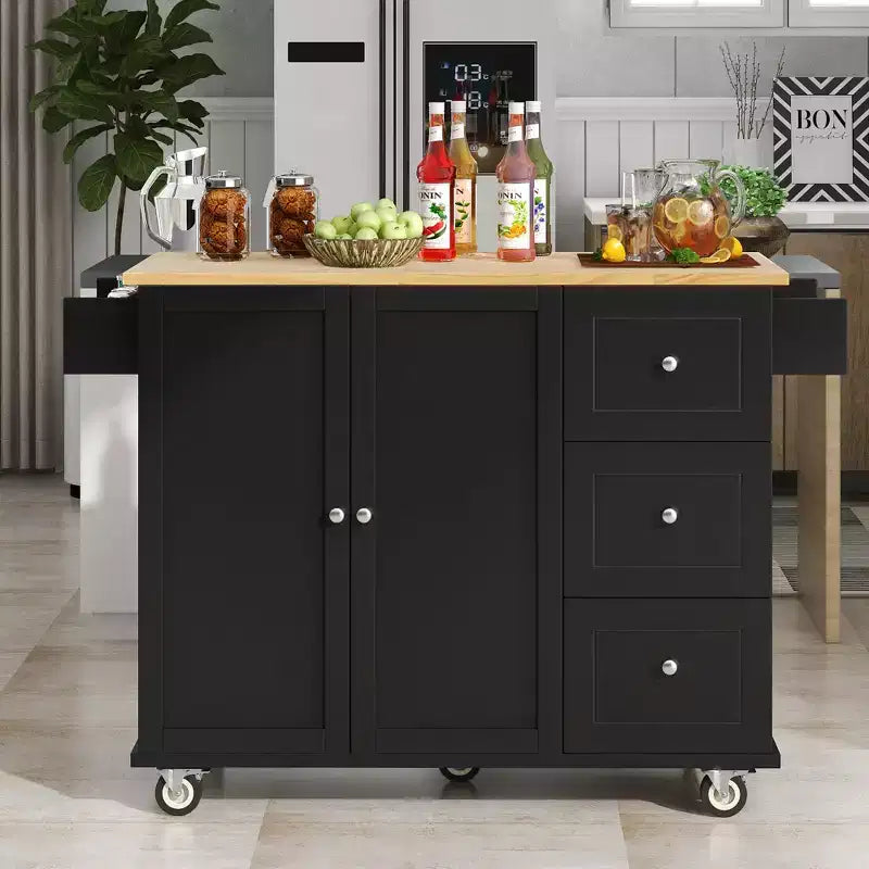 Carrello da Cucina con Piano in Legno e Banco Colazione a Ribalta, Isola da Cucina Mobile su Ruote con Contenitore e Portasciugamani