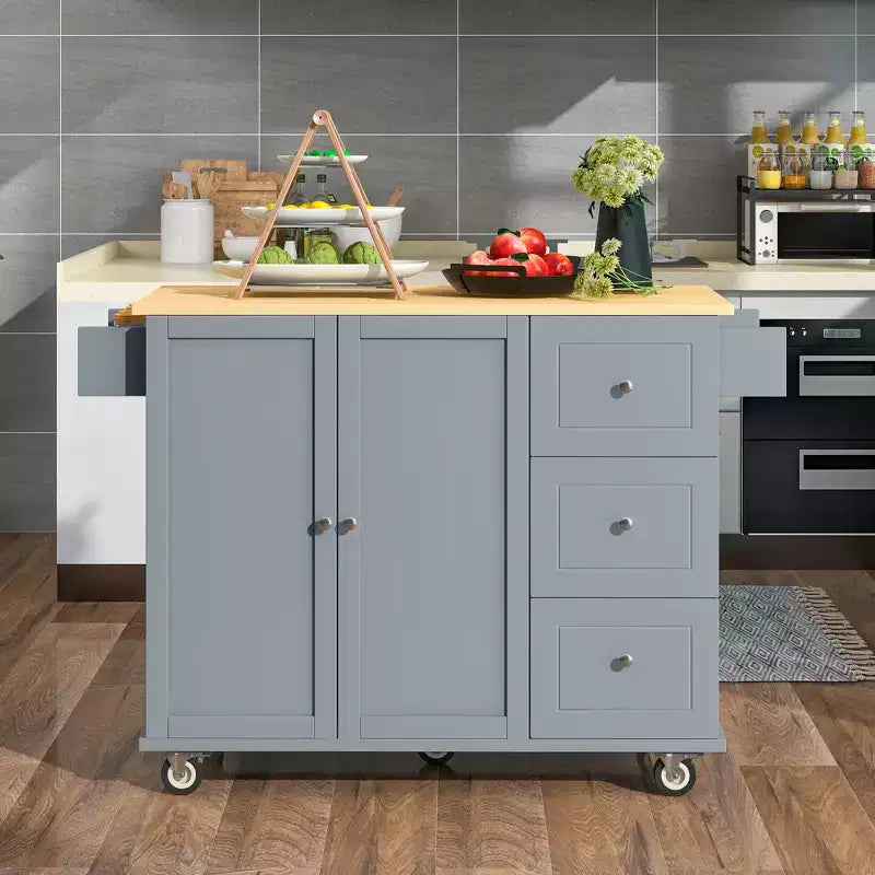 Carrello da Cucina con Piano in Legno e Banco Colazione a Ribalta, Isola da Cucina Mobile su Ruote con Contenitore e Portasciugamani
