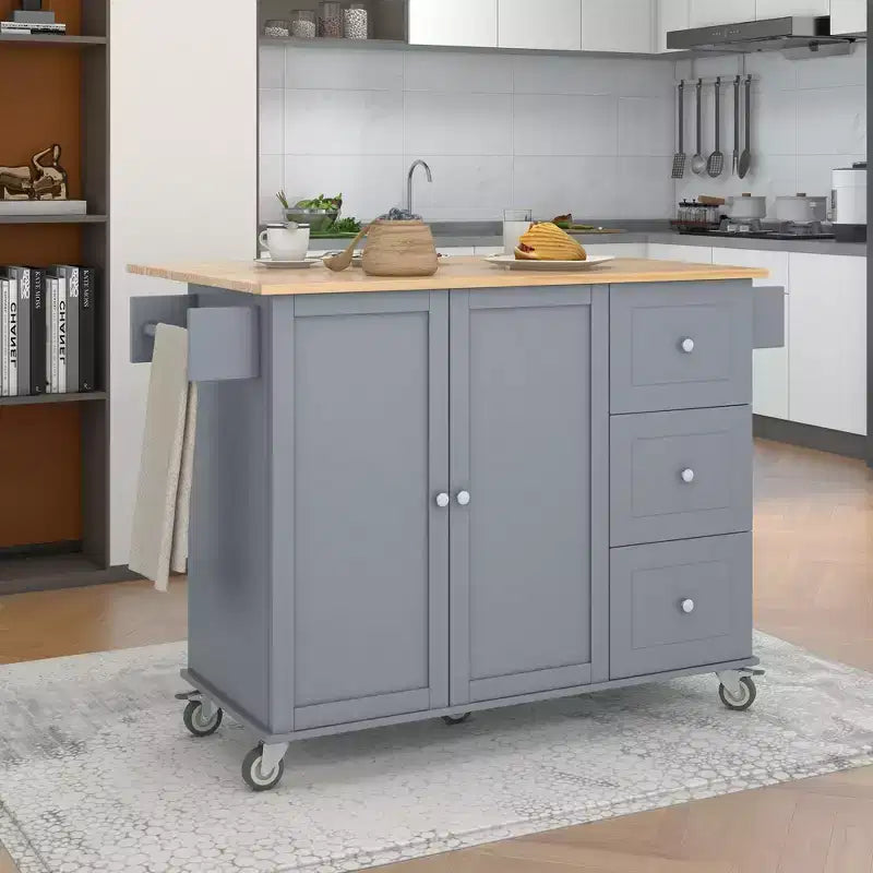 Carrello da Cucina con Piano in Legno e Banco Colazione a Ribalta, Isola da Cucina Mobile su Ruote con Contenitore e Portasciugamani