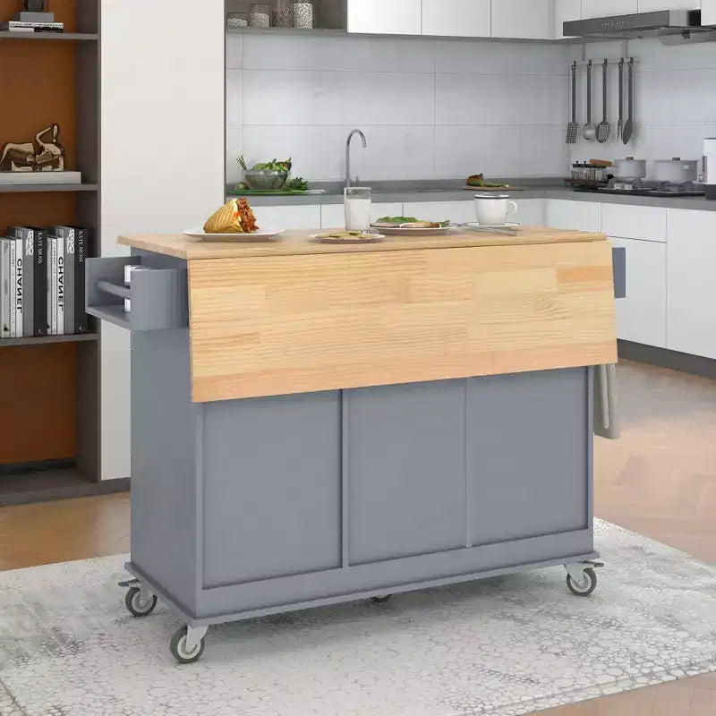 Carrello da Cucina con Piano in Legno e Banco Colazione a Ribalta, Isola da Cucina Mobile su Ruote con Contenitore e Portasciugamani