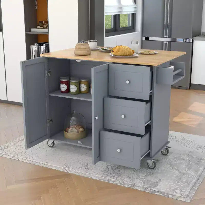 Carrello da Cucina con Piano in Legno e Banco Colazione a Ribalta, Isola da Cucina Mobile su Ruote con Contenitore e Portasciugamani