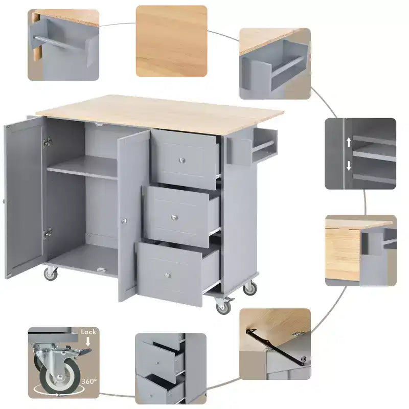 Carrello da Cucina con Piano in Legno e Banco Colazione a Ribalta, Isola da Cucina Mobile su Ruote con Contenitore e Portasciugamani