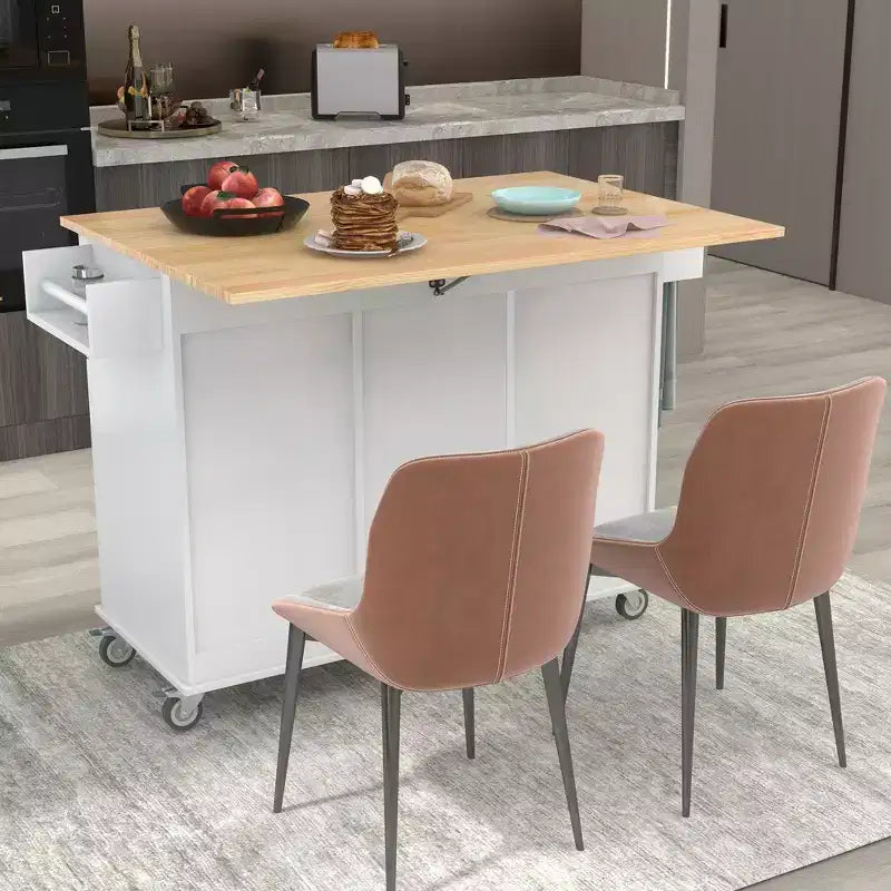 Carrello da Cucina con Piano in Legno e Banco Colazione a Ribalta, Isola da Cucina Mobile su Ruote con Contenitore e Portasciugamani