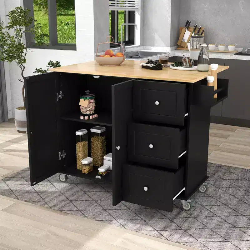 Carrello da Cucina con Piano in Legno e Banco Colazione a Ribalta, Isola da Cucina Mobile su Ruote con Contenitore e Portasciugamani