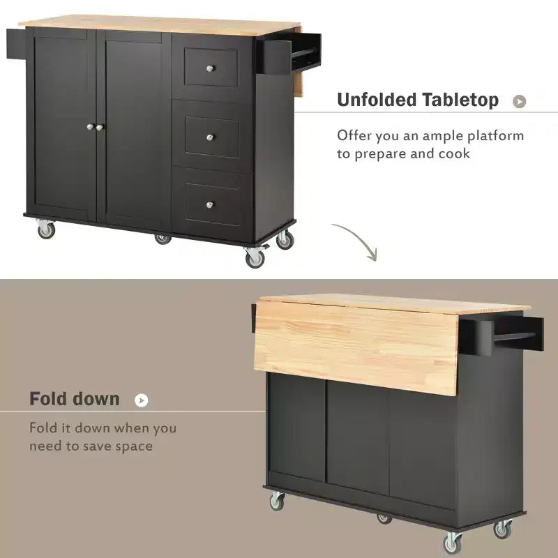 Carrello da Cucina con Piano in Legno e Banco Colazione a Ribalta, Isola da Cucina Mobile su Ruote con Contenitore e Portasciugamani