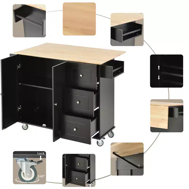 Carrello da Cucina con Piano in Legno e Banco Colazione a Ribalta, Isola da Cucina Mobile su Ruote con Contenitore e Portasciugamani