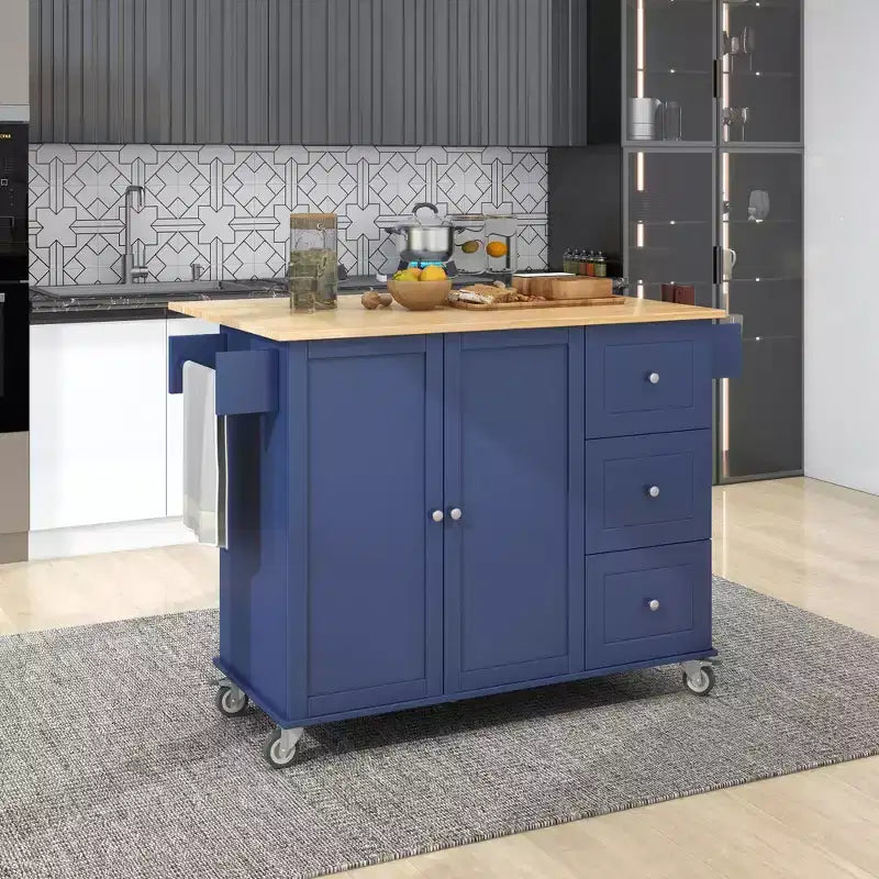 Carrello da Cucina con Piano in Legno e Banco Colazione a Ribalta, Isola da Cucina Mobile su Ruote con Contenitore e Portasciugamani