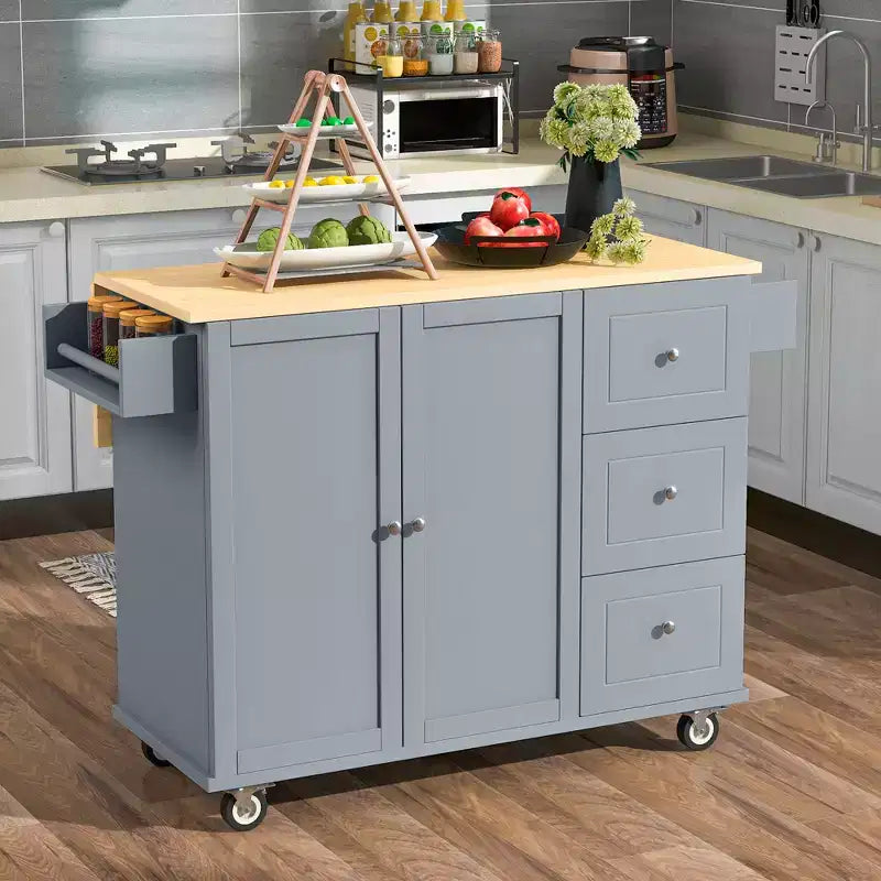Carrello da Cucina con Piano in Legno e Banco Colazione a Ribalta, Isola da Cucina Mobile su Ruote con Contenitore e Portasciugamani
