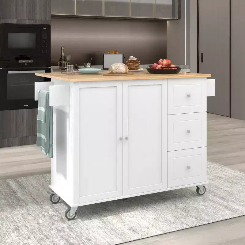 Carrello da Cucina con Piano in Legno e Banco Colazione a Ribalta, Isola da Cucina Mobile su Ruote con Contenitore e Portasciugamani