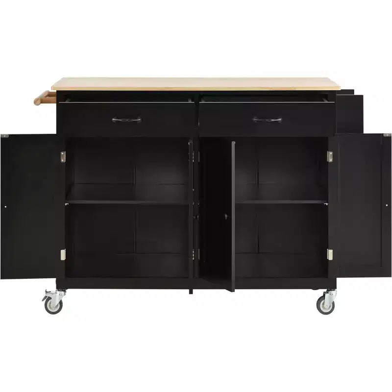 Carrello da Cucina con Ruote con Piano in Legno Massello e Ruote Bloccabili, Larghezza 137,9 cm, Armadietto a 4 Ante e Due Cassetti, Porta Spezie