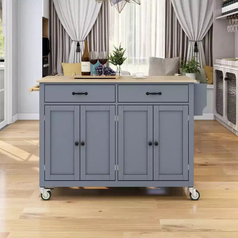Carrello da Cucina con Ruote con Piano in Legno Massello e Ruote Bloccabili, Larghezza 137,9 cm, Armadietto a 4 Ante e Due Cassetti, Porta Spezie