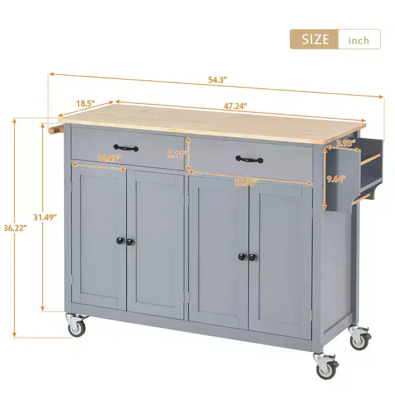 Carrello da Cucina con Ruote con Piano in Legno Massello e Ruote Bloccabili, Larghezza 137,9 cm, Armadietto a 4 Ante e Due Cassetti, Porta Spezie