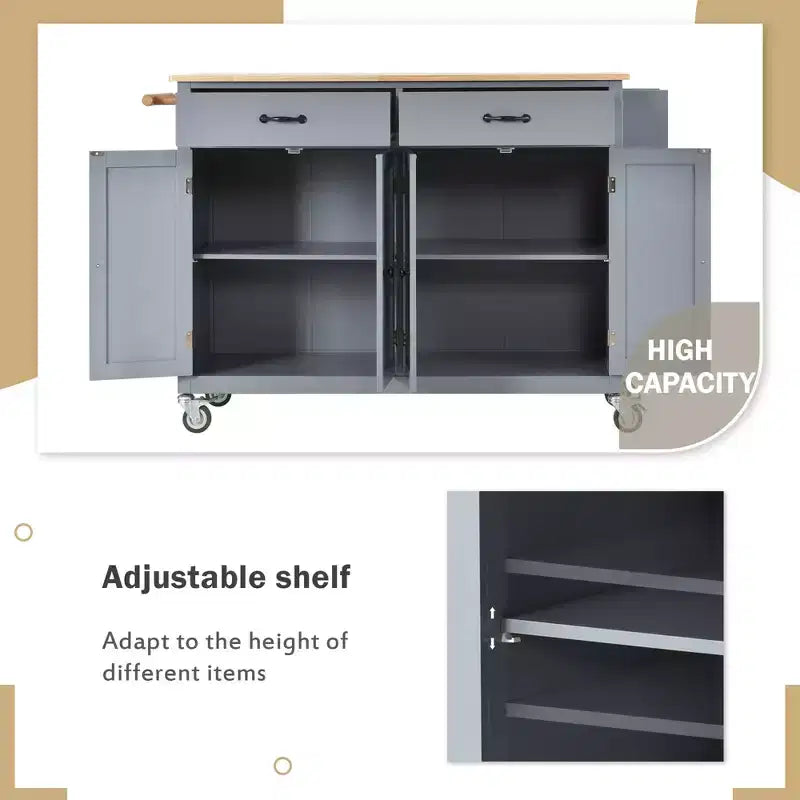 Carrello da Cucina con Ruote con Piano in Legno Massello e Ruote Bloccabili, Larghezza 137,9 cm, Armadietto a 4 Ante e Due Cassetti, Porta Spezie