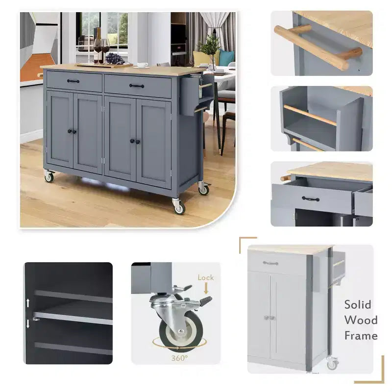 Carrello da Cucina con Ruote con Piano in Legno Massello e Ruote Bloccabili, Larghezza 137,9 cm, Armadietto a 4 Ante e Due Cassetti, Porta Spezie