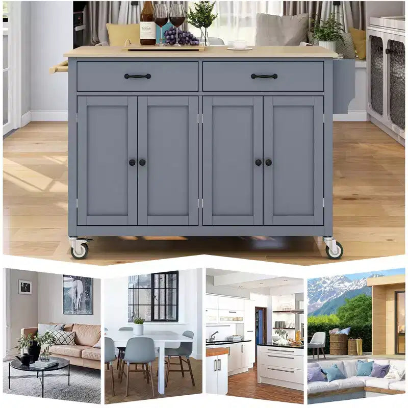 Carrello da Cucina con Ruote con Piano in Legno Massello e Ruote Bloccabili, Larghezza 137,9 cm, Armadietto a 4 Ante e Due Cassetti, Porta Spezie