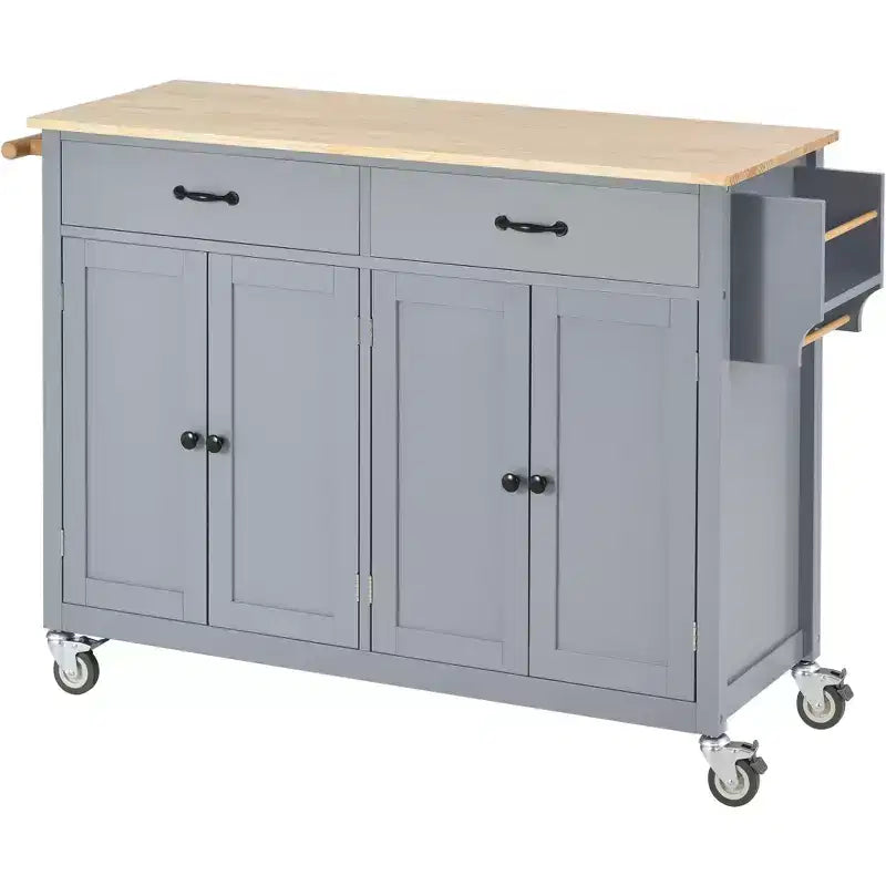 Carrello da Cucina con Ruote con Piano in Legno Massello e Ruote Bloccabili, Larghezza 137,9 cm, Armadietto a 4 Ante e Due Cassetti, Porta Spezie