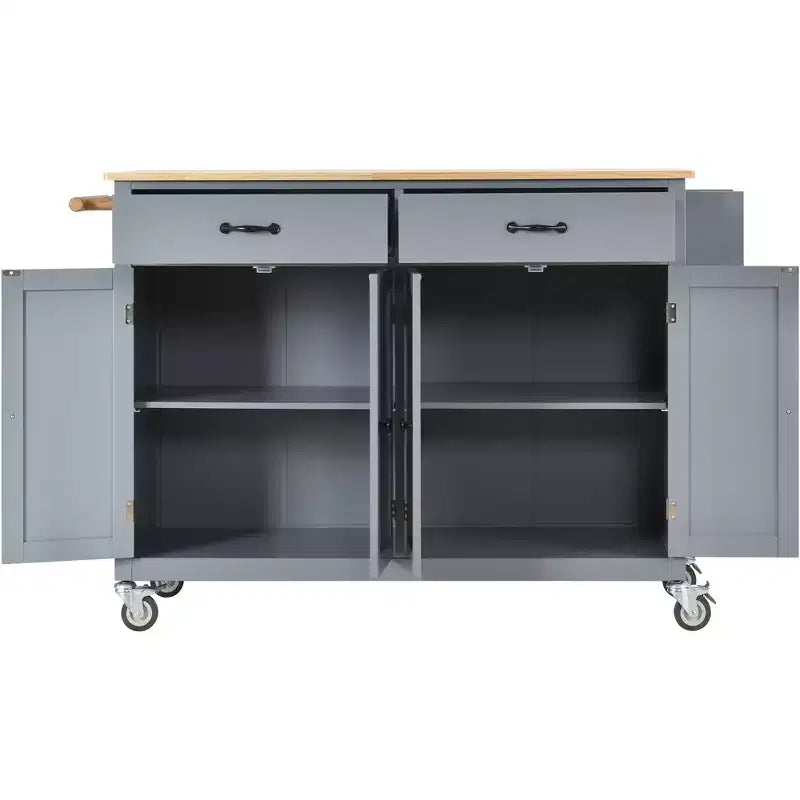 Carrello da Cucina con Ruote con Piano in Legno Massello e Ruote Bloccabili, Larghezza 137,9 cm, Armadietto a 4 Ante e Due Cassetti, Porta Spezie