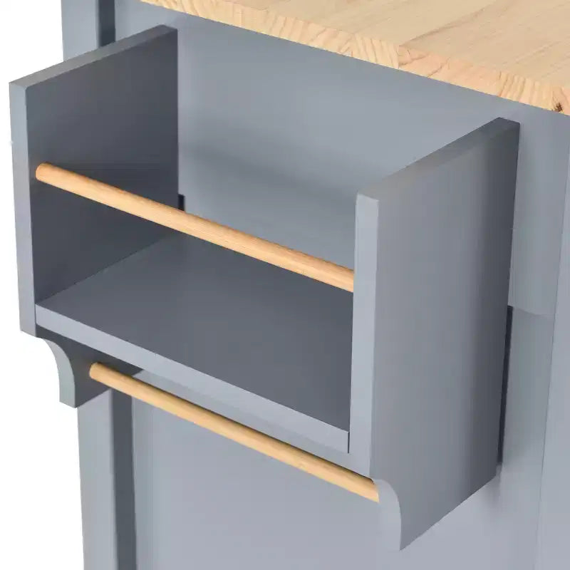 Carrello da Cucina con Ruote con Piano in Legno Massello e Ruote Bloccabili, Larghezza 137,9 cm, Armadietto a 4 Ante e Due Cassetti, Porta Spezie