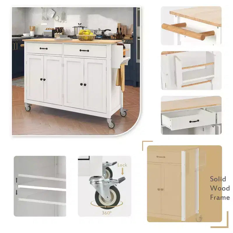Carrello da Cucina con Ruote con Piano in Legno Massello e Ruote Bloccabili, Larghezza 137,9 cm, Armadietto a 4 Ante e Due Cassetti, Porta Spezie
