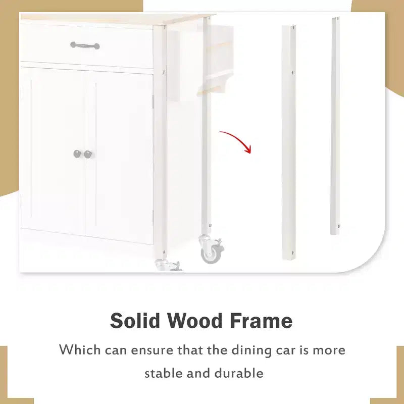 Carrello da Cucina con Ruote con Piano in Legno Massello e Ruote Bloccabili, Larghezza 137,9 cm, Armadietto a 4 Ante e Due Cassetti, Porta Spezie